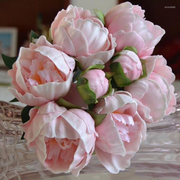 Flores decorativas de lujo blanco rosa 8 cabezas ramo de novia Artificial PU peonía Real Touch hogar boda fiesta decoración suministros