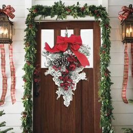 Guirlande de fleurs décoratives à l'envers pour porte d'arbre, décoration suspendue pour la maison, couronne avant de garniture de vacances rouge et blanche pré-éclairée sans fil