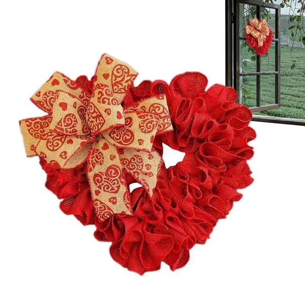 Couronne de fleurs décoratives pour porte de saint-valentin, cœur avec nœuds et toile de jute rouge, 13,38 pouces, décoration de fête, guirlande avant