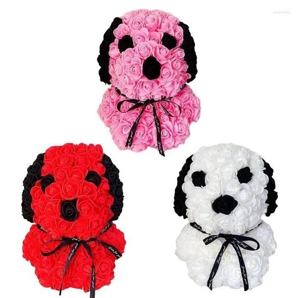 Flores decorativas San Valentín Rosa Perro Oso Flor Artificial con lindo diseño de Pug Rosas Mujeres Regalos Forma Figura de aspecto real