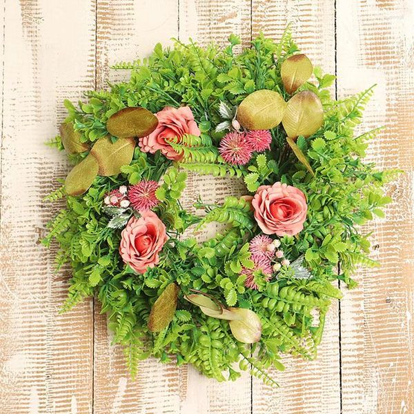 Guirlande de fleurs décoratives pour la saint-valentin, fausses Roses roses en soie, feuilles vertes, décoration de mariage