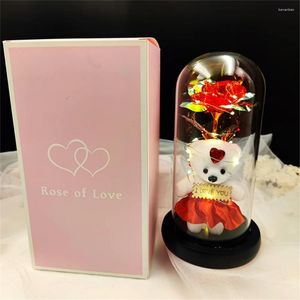 Fleurs décoratives Cadeau de Saint Valentin pour petite amie Ours éternel Rose LED Fleur de feuille de lumière dans le couvercle en verre Mères Demoiselle d'honneur de mariage