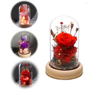 Fleurs décoratives Saint Valentin Cadeau Pour Petite Amie Éternelle Rose LED Lumière Verre Couverture Boîte Ornement Mère Faveur De Mariage Demoiselle D'honneur