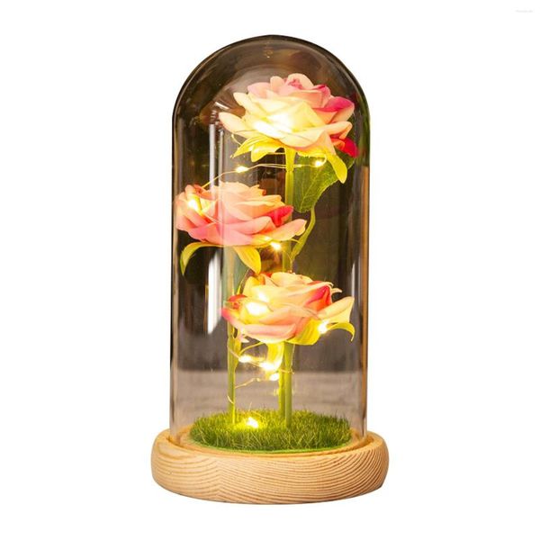 Flores decorativas Regalo del día de San Valentín para novia Rosa artificial Lámina de luz LED Flor Cubierta de vidrio Madres Favores de boda Dama de honor