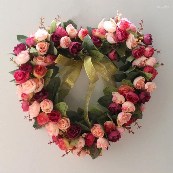 Couronnes de fleurs décoratives en forme de cœur pour la saint-valentin, pour porte d'entrée, avec décorations murales roses, rouges, roses, feuilles vertes, 14 pouces