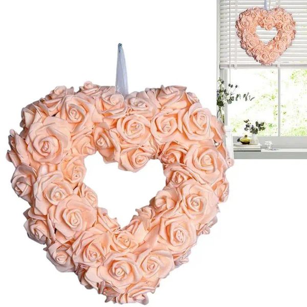 Fleurs décoratives Couronnes de jour de la Saint-Valentin pour porte d'entrée coeur floral rose rose artificielle couronne de couronne de plafond amour