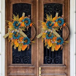 Couronne de fleurs décoratives de saint-valentin, bordure extérieure, tournesol bleu, jardin, ruban léopard, branche morte, porte fenêtre, ventouses