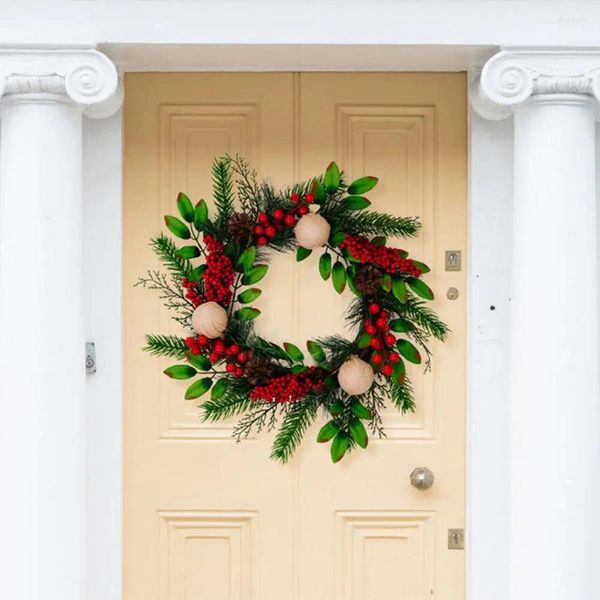 Flores decorativas Corona navideña vibrante festiva con piñas Adornos de bayas Puerta y ventana de 18,5 pulgadas para el frente del hogar