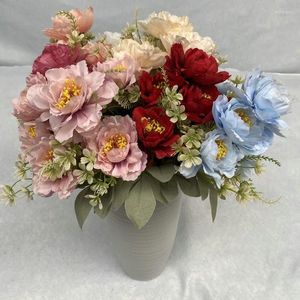 Fleurs décoratives Vintage 6 Head Peony Bouquet artificiel salon maison décor en salle de mariage de fête de mariage faux ornements de fleurs de soie