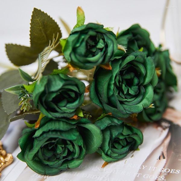Flores decorativas Vintage Artificial 8 cabezas de seda peonía pequeñas decoraciones de rosas verdes flor falsa mesa de boda ramo de fiesta decoración del hogar