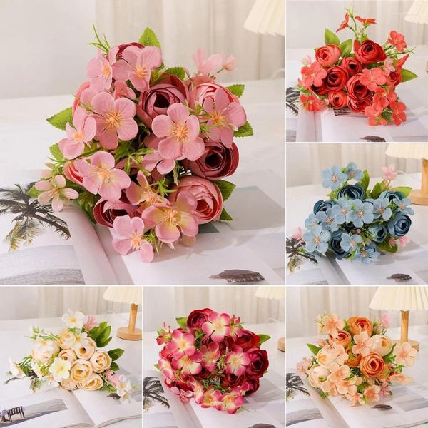 Fleurs décoratives Vintage Roses artificielles Bouquet de mariée en soie Décoration de mariage à la maison