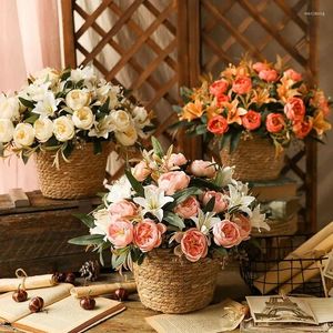 Decoratieve bloemen Vintage Simulatie Silk Peonies Lelies Bouquet Valentijnsdag Gift Fake Flee Bloem Red Lily Peony Floral Artificial