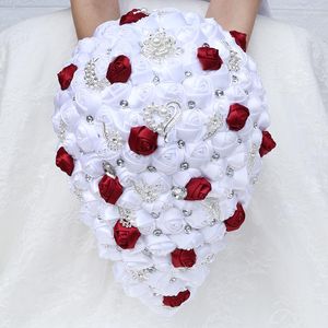 Decoratieve Bloemen Waterval Bruidsboeket Bruid En Bruidsmeisje Zijde Roos Strass DIY Hand Feest Kerk Decoratie W330D