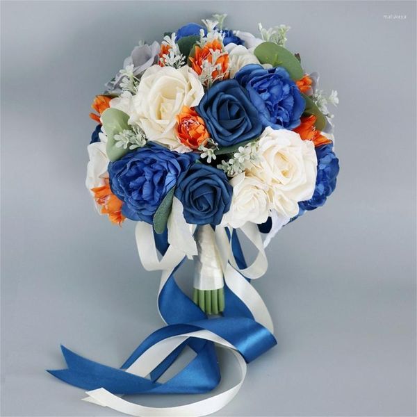 Fleurs décoratives de mariage, Bouquet de fleurs artificielles bleues et oranges, ornements portatifs pour fête nuptiale