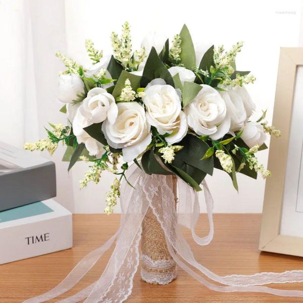 Fleurs décoratives mariage Bouquet de rose naturel artificiel avec ruban de soie rose rose blanc champagne demoiselle de mariée.