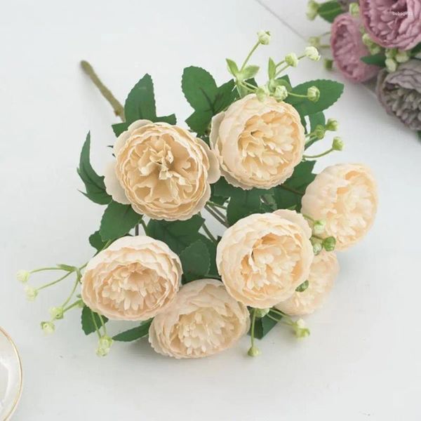 Flores decorativas Boda Peonías artificiales Rama realista con tallo de 7 cabezas Faux para la fiesta de decoración del hogar