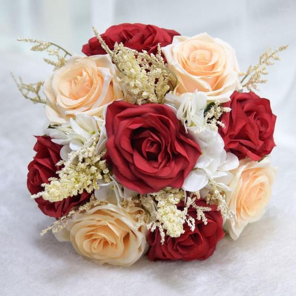 Fleurs décoratives de mariage, Bouquets multicolores réalistes de roses artificielles avec nœuds en ruban, feuilles vertes élégantes pour les mariages