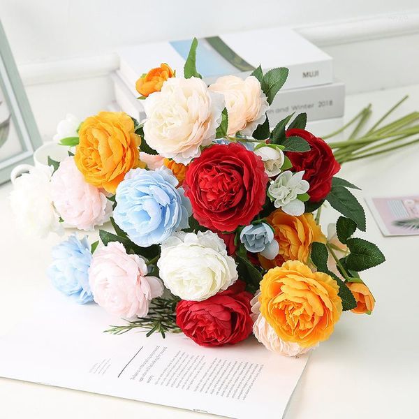 Fleurs décoratives mariage baptême cérémonie fête faveur 3 têtes tissu de soie artificielle rose fleur plastique pivoine rose bleu rouge 10 pièces