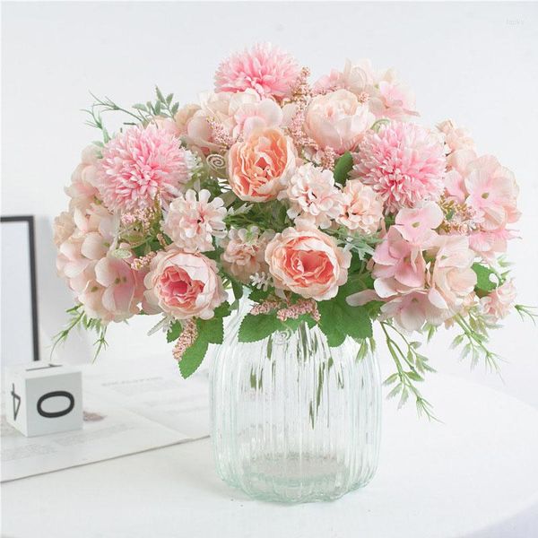 Fleurs décoratives Bouquet de mariage soie artificielle Rose pivoine fleur mariée hortensia pompon bourgeon vanille Spike Supplie Rose fête