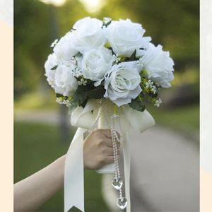 Decoratieve Bloemen Bruidsboeket Witte Bruids Kunstmatige Nep Parel Kristal Hand Voor Pography Decoratie