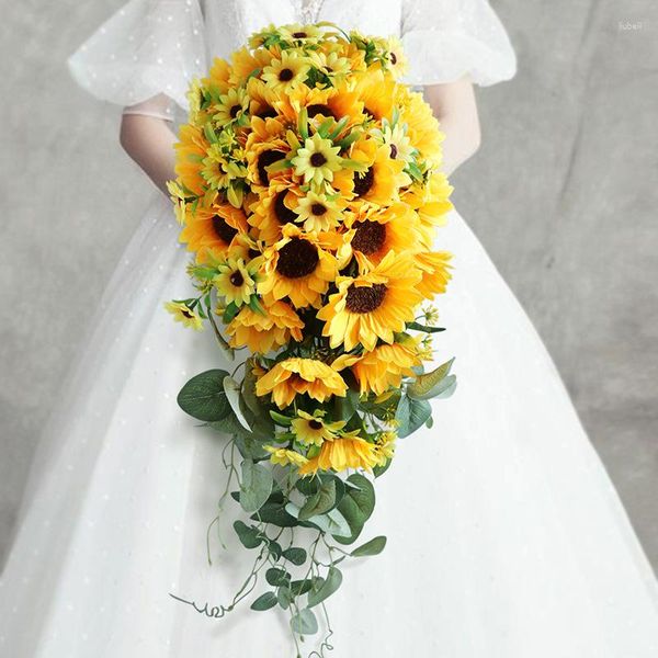 Fleurs décoratives Bouquets De Mariage Bouquet De Fleurs De Tournesol Artificielle Mariée Demoiselle D'honneur Chute D'eau Cérémonie Proposition Confession