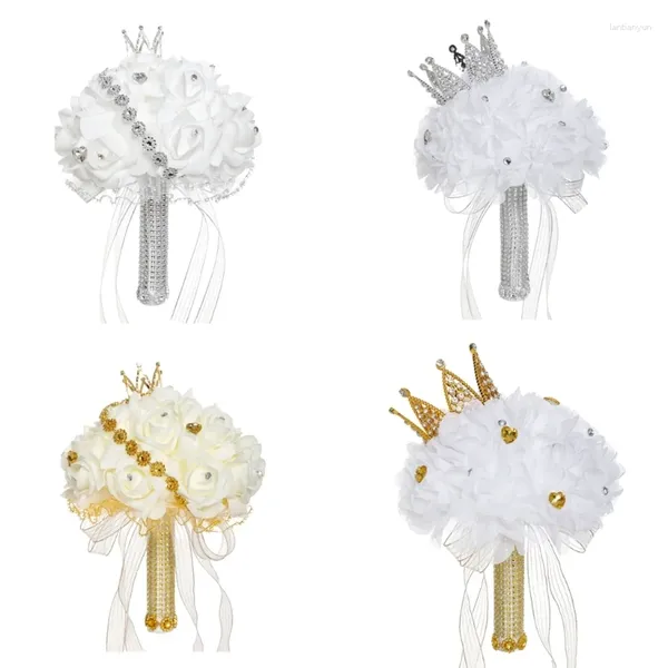 Bouquets de mariage décoratifs pour demoiselles d'honneur, roses artificielles tenant une fleur avec ruban et couronne en diamant, goutte de fête