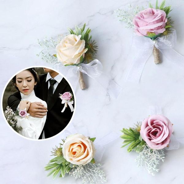 Flores decorativas Boda Boutonniere Novia Dama de honor Muñequera Ramillete Novio Prendedores Flor Seda Blanca Simulación Rosa