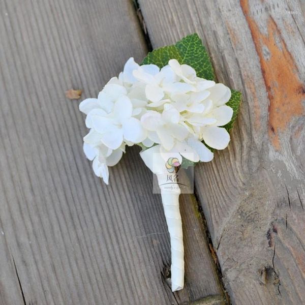 Flores decorativas Boutonnieres de boda Artificial Blanco Rosa Azul Hortensia Novio Padrino Pin Broche Ramillete Decoración Flor Accesorios