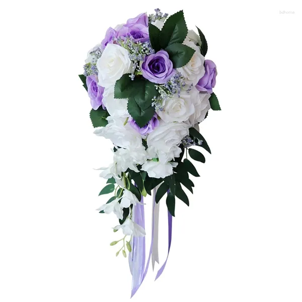Bouquet de fleurs décoratives pour mariage, tenue de mariée avec Roses artificielles, Long ruban en dentelle, église