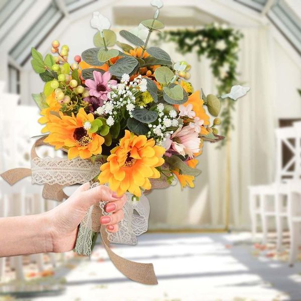 Flores decorativas Boda Ramo de novia con cinta Flor de sol Ramos en cascada para novia Ceremonia de dama de honor Decoraciones de ducha