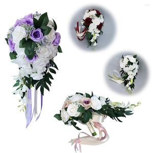 Fleurs décoratives mariage mariée Bouquet Style européen avec ruban de soie Rose fleur artificielle décor maison accessoires de fête faveurs