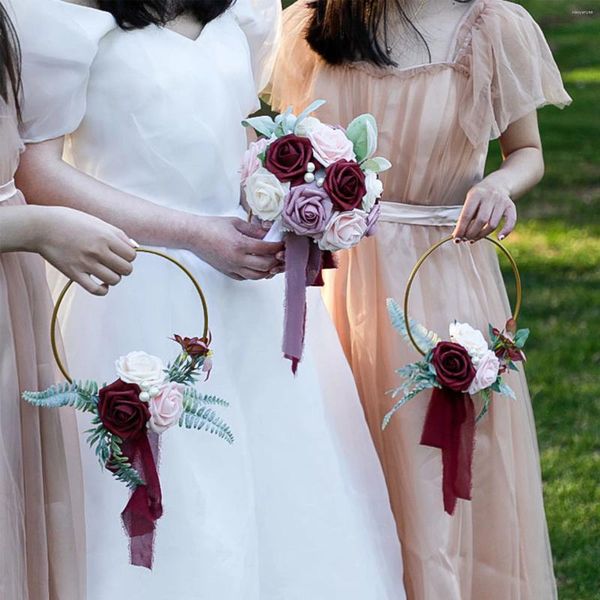Fleurs décoratives mariage demoiselles d'honneur couronne en métal couronnes de cerceaux floraux en plastique multicolore élégant bienvenue guirlande signe linteau