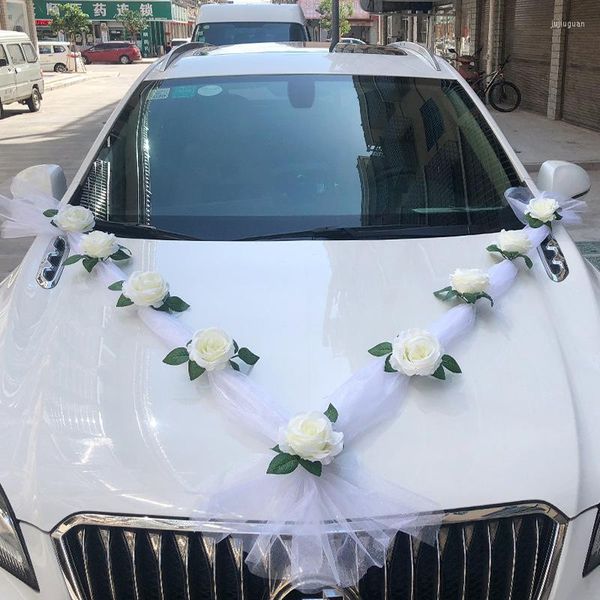 Flores decorativas Manija del espejo del coche de la boda Flor artificial de la rosa blanca para la puerta Cintas Cabeza Tela Nupcial Pa