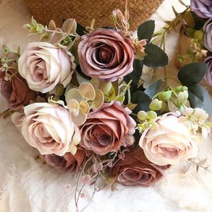 Fleurs décoratives décor de mariage haute qualité Imitation soie Roses Bouquet chambre décoration artificielle Rose violet Rose fausse fleur