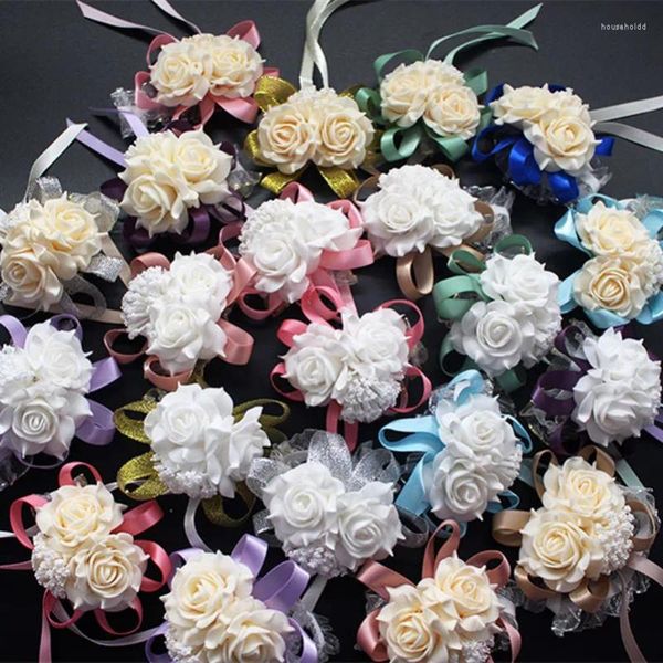 Fleurs décoratives Décoration de Mariage Mariage Rose Poignet Corsages Main Fleur Soie Dentelle PE Mousse Artificielle Mariées Demoiselle D'honneur De Noël