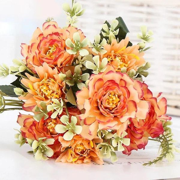 Fleurs décoratives mariage Floral soie artificielle Dahlia Bundle fausse fleur plante verte maison chambre décoration Simulation Orange Dahlias