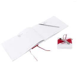 Decoratieve bloemen bruiloft gastenboek met pennenhouder sets satijnen strikken handtekening diamanten liefdesvorm voor feestdecoraties-rood wit