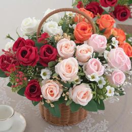 Flores decorativas casamento po prop realista buquê de rosas artificiais para decoração de casa livre de manutenção