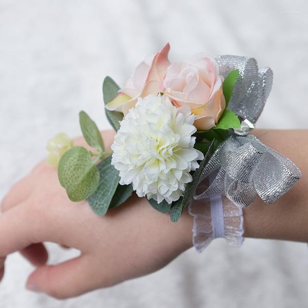 Fleurs décoratives mariage poignet fleur demoiselle d'honneur Bracelet Rose broche robe de mariée main accessoires soeurs danse décoration