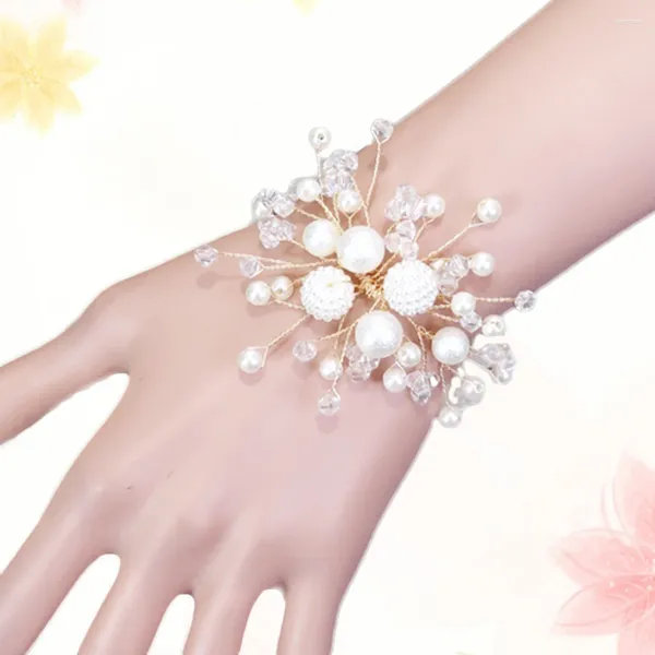 Fleurs décoratives du poignet de mariage Bracelet en strass de fleur de la main Le corsage de promotion de la perle