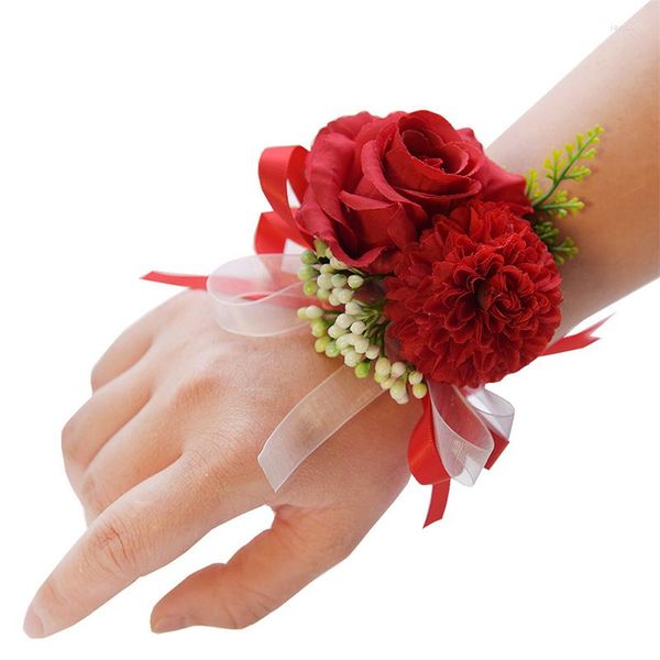 Fleurs décoratives mariage poignet fleur Rose filles mariée demoiselle d'honneur ruban de soie Corsage main Bracelet Bracelet pour les activités de plein air