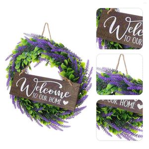 Guirlande de fleurs décoratives de bienvenue, couronne de lavande artificielle, emblèmes suspendus, décorations en bois pour fête de mariage