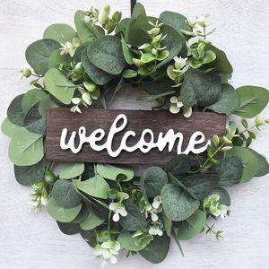 Fleurs décoratives Bienvenue Guirlande Porte Décoration En Plastique Feuille D'eucalyptus Guirlande Artificielle Faux Plantes Fête De Mariage Décor À La Maison Suspendus