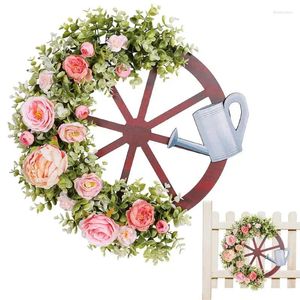 Couronnes de roues de fleurs décoratives, guirlande artificielle pour porte d'entrée, couronne de bienvenue de printemps, arrosoir créatif et signe