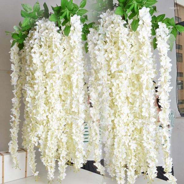 Flores decorativas Guirnalda de glicinas de flores de hortensias de seda artificial blanca, adorno colgante para jardín, hogar, suministros de decoración para bodas, 1,6 m