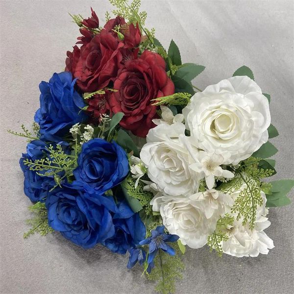 Flores decorativas blancas azul seda artificial boda casera decoración otoño de otoño de alta calidad gran ramo de lujo arreglo floral falso