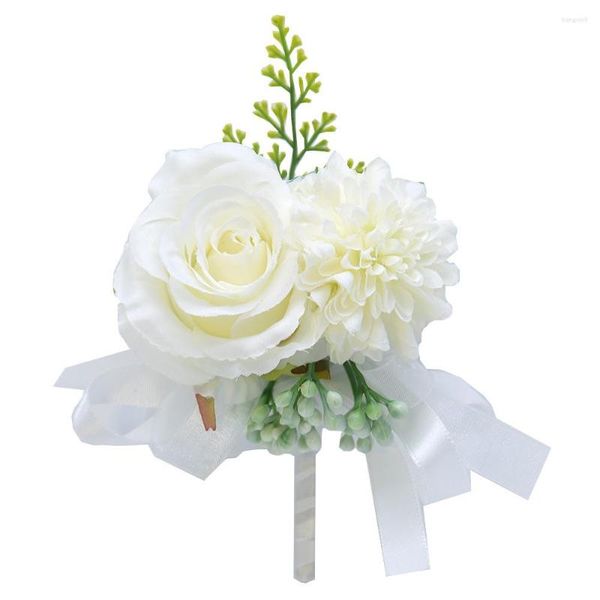 Flores decorativas Boutonniere blanco Ramillete de boda Artificial Rosa roja Pulsera para dama de honor Hombres Ojal Invitados Matrimonio Accesorios