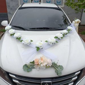 Decoratieve bloemen Witte diy bruiloft auto kunstmatige bloem bruids decoratie deur handvang linten zijden hoek galand met tule cadeaus set