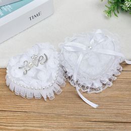 Fleurs décoratives Blanc Dentelle Anneau Oreiller Boîte Romantique Fête De Mariage Coussin De Cérémonie De Fiançailles