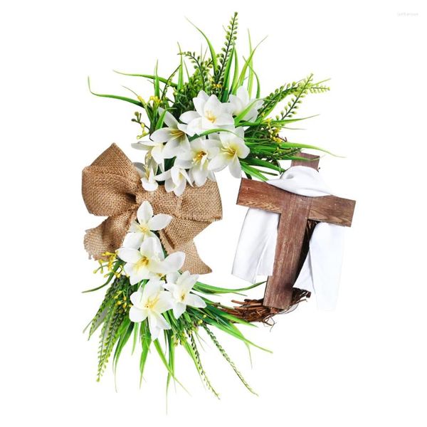 Flores decorativas Fiesta de la cinta blanca Muro colgante con proa de la cruz para el adorno de la puerta delantera Ventana de la corona de Pascua Decoración del hogar rústica interior